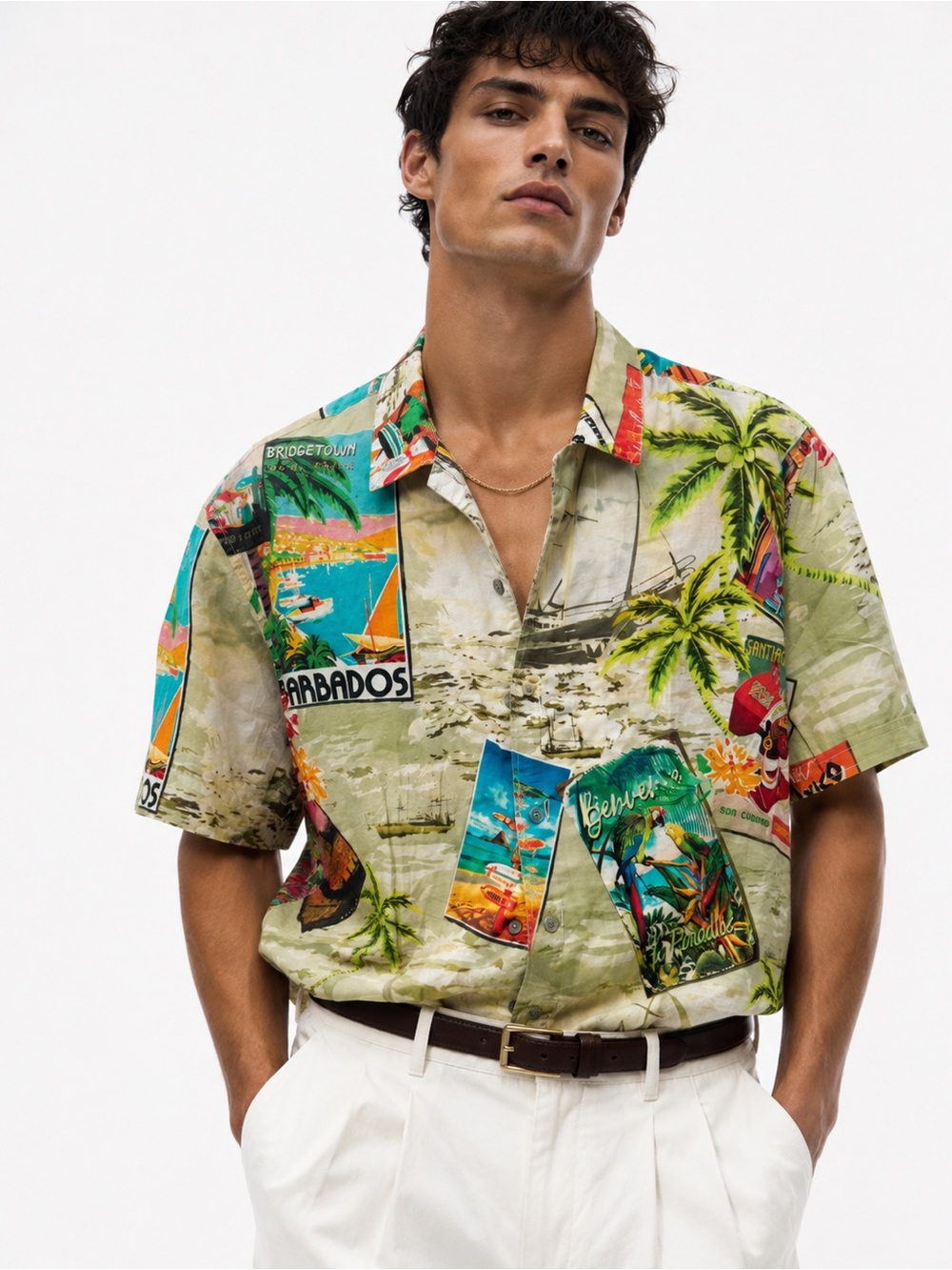 Desigual S Short Sleeve Button Down Postcard Print Shirt Hawaiian Tropical